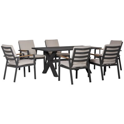 Furniture Hüsch set group 7 pieces.Balcony set with cushions dining set balcony furniture 1 table + 6 chairs garden furniture set seating set aluminum plastic wood black