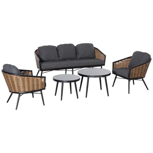 Möbel Hüsch polyrotan tuinmeubelset, 5-delige rattenbankset, zitgroep, zitgroep voor break lounge, theetafel met bankkussens, naturel aluminium