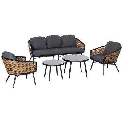 Möbel Hüsch polyrattan garden furniture set, 5-piece rattan bench set, seating group, seating group for break lounge, tea table with bench cushions, natural aluminum