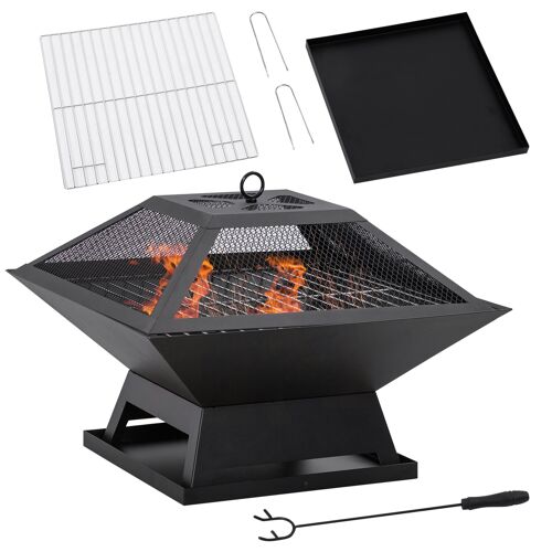 Möbel Hüsch vuurschaal met vonkenbescherming grillrooster poker vuurkorf vuurkorf voor tuin camping BBQ staal zwart 45 x 45 x 34 cm