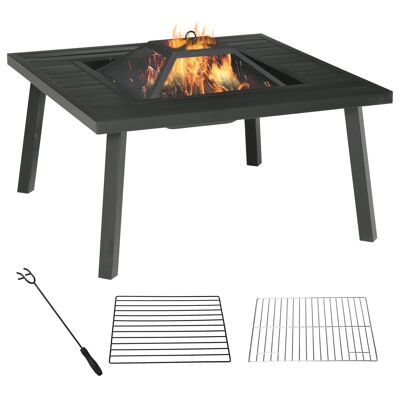 Möbel Hüsch vuurschaal vuurtafel met poker vonkenbescherming vuurkorf vuurkorf voor tuin camping BBQ staal zwart 81 x 81 x 53 cm