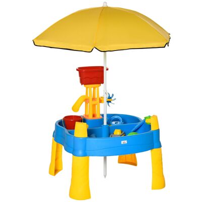 Furniture Hüsch Sand and water play table 2-in-1 table game set for outdoor sand and water activities 25-piece beach toy set with umbrella