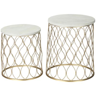Furniture Hüsch Set of 2 Garden Tables Dining Tables Living Room Tables Retro Wire Basket Metal Basket Garden Nesting Table Garden Furniture Outdoor Steel Gold + White Ø41 x 46cm