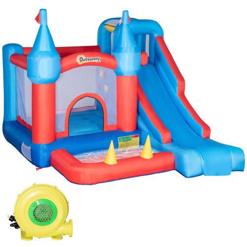 Möbel Hüsch Opblaasbaar Springkasteel voor 4 Kinderen Water Springkasteel met Blower Glijbaan Zwembad Klimwand Trampoline Draagtas voor Kinderen Outdoor 3-8 Jaar