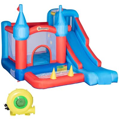 Furniture Hüsch Inflatable Bouncy Castle for 4 Children Water Bouncy Castle with Blower Slide Swimming Pool Climb Wall Trampolines Slides for Children Outdoor 3-8 Years