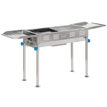 Meubles Hüsch houtskoolgrill tuinbarbecue avec 2 coqs et 1 coq dans le grill réglable camping planches de pique-nique en plein air BBQ staal 120 x 31 x 60-70 cm 1