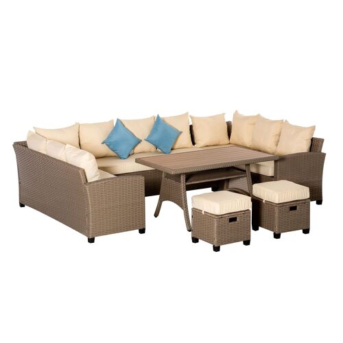 Möbel Hüsch loungemeubel 6-delig poly rattan bankstel incl. kussens weerbestendige bijzettafel bruin + kaki + blauw