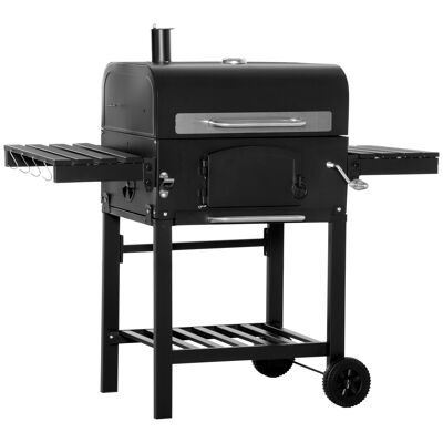 Mobili Hüsch houtskoolbarbecue BBQ tuinbarbecue con copertura e assi in metallo rookoven BBQ-warmhoudplaat planken transportwielen nero 124 x 66 x 112 cm