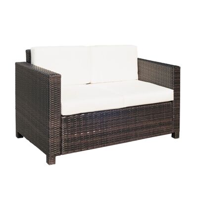 Furniture Hüsch polyrattan bench with 2-seat cushions garden lounge bench metal polyester brown+white 130 x 70 x 80 cm