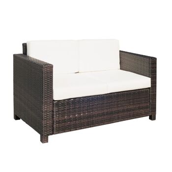 Meuble Hüsch banc van polyrotan avec coussins 2-zits tuinlounge banc métal polyester marron+blanc 130 x 70 x 80 cm 1