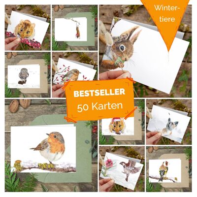 Folding card set winter animals PRINTED INSIDE with envelope