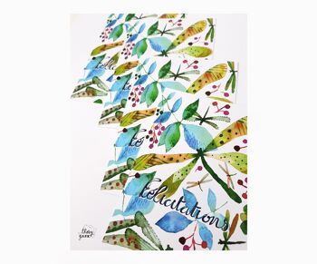 CARTE POSTALE FÉLICITATIONS LIBELLULE BOTANIQUE AQUARELLE 6