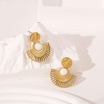 Golden dangling white stone fan earrings