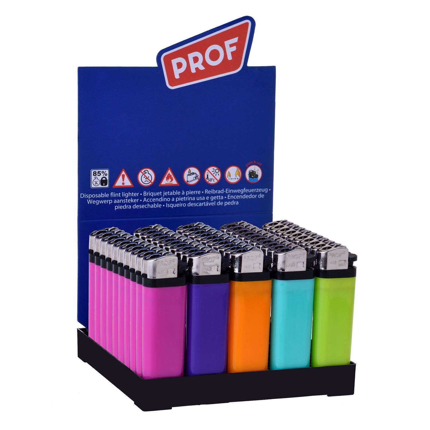Display of 50 Trendy colored lighters