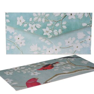 Envelope with parrot and exotic bird and branch motif, hot gilding highlight, pastel blue