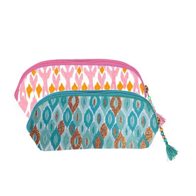 Cotton pencil case Ikat pattern, pink, green and blue, lined