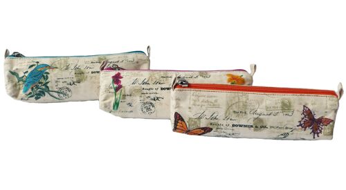 Trousse à crayons, motif oiseaux et fleurs sur fond manuscrit, coton doublé et couleurs vives