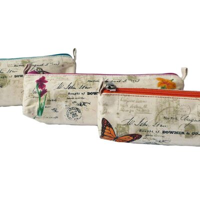 Pencil case, bird and flower pattern on handwritten background, lined cotton and bright colors