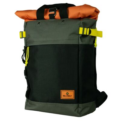 Rolltop-Rucksack aus 100 % recyceltem Polyester – Khaki und Orange