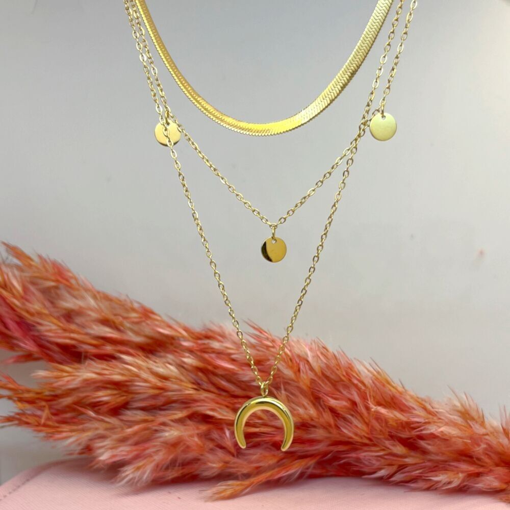 Collier trois rangs lune acier inoxydable doré
