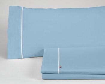 Parure de draps bleu ciel - Lit 160 (4 pièces) - 100% coton - 144 fils. Poids : 115 1
