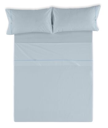 Parure de draps unis bleu clair - Lit 180 (4 pièces) - 50% coton / 50% polyester - 144 fils. Poids : 115 2