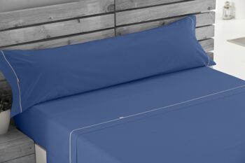 Parure de draps uni bleu - Lit 150 (3 pièces) - 50% coton / 50% polyester - 144 fils. Poids : 115 3