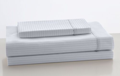 Juego de sábanas satén efecto listado color blanco - Cama de 105 (3 piezas) - 100% algodón - 300 hilos. Gramage: 118