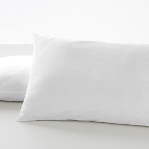 Lot de deux taies d'oreiller blanches - 50x80 cm - 50% coton / 50% polyester - 144 fils - Housse et fermeture à rabat. Poids : 115