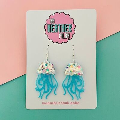 Blue and Iridescent Sprinkle Shimmery Jellyfish Glitter Earrings