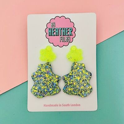 Lime Green and Blue Glitter Splat Earrings