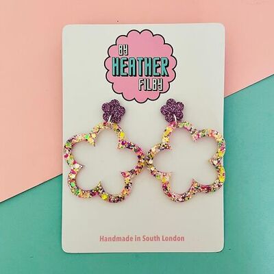 Yellow, Pink and Purple Glitter Flower Earrings