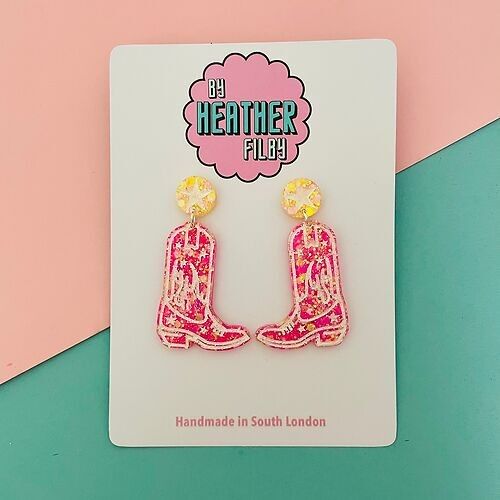Pink and Yellow Western Cowboy Boot Earrings