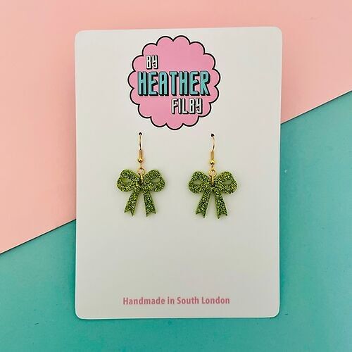 Shimmering Green Mini Bow Glitter Earrings