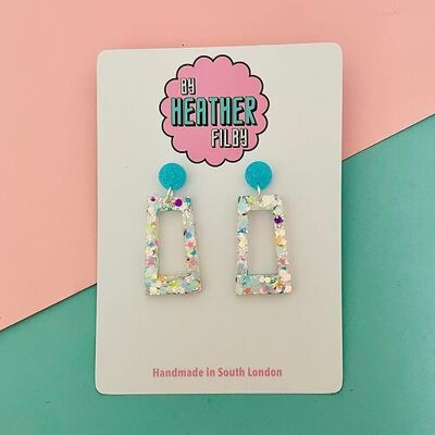 White Sprinkle Glitter Resin Rectangle Earrings