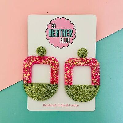 Pink and Green Geometric Glitter Earrings