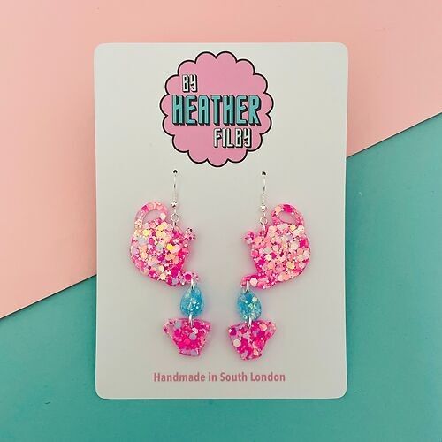 Iridescent Pink Tea Pot and Cup Glitter Earrings