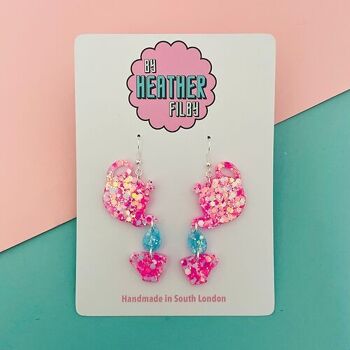 Boucles d'oreilles à paillettes avec théière et tasse rose irisées 1