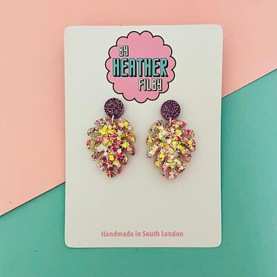 Yellow, Pink and Purple Cheese Leaf Glitter Earrings
