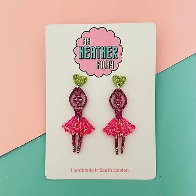 Pink and Green Ballerina Glitter Earrings
