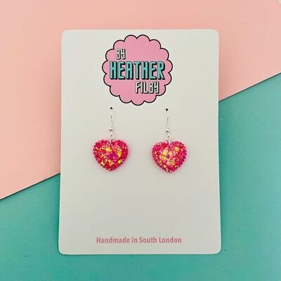 Pink and Yellow Cute Glitter Double Layered Heart Earrings