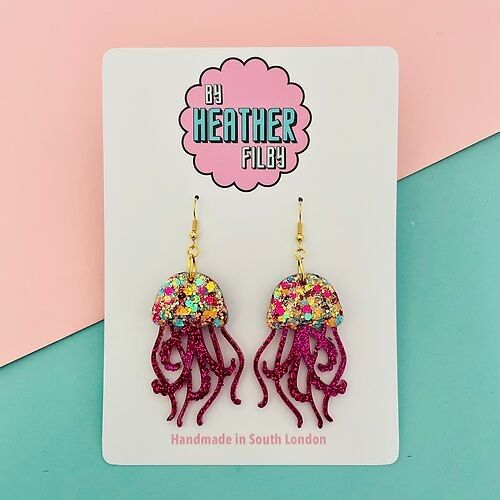 Orange and Hot Pink Shimmery Jellyfish Glitter Earrings