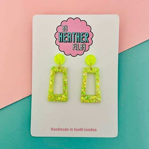 Lime Green Glitter Resin Rectangle Earrings