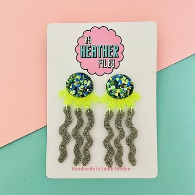Green, Blue and Silver XL Jellyfish Glitter Earrings