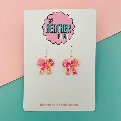 Pink and Yellow Mini Bow Glitter Earrings