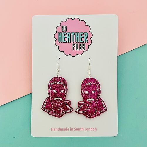 Hot Pink Freddie Mercury Portrait Glitter Earrings