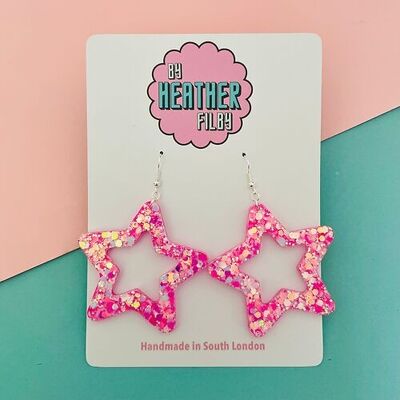 Iridescent Pink Large Glitter Star Earrings