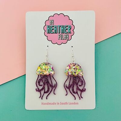 Yellow, Pink and Purple Shimmery Jellyfish Glitter Earrings