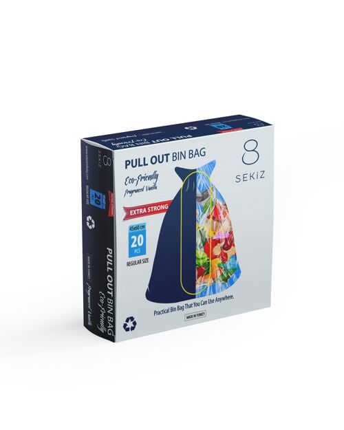 8 Sekiz Packaging Pull Out Bin Bags. Premium Highly Quality Bin Liners. Eco Friendly Bin Bags. Fragranced Vanilla Bin Liners. Pack of 20. Untearable Bin Bags. Leakproof Bin Liners. Medium Size