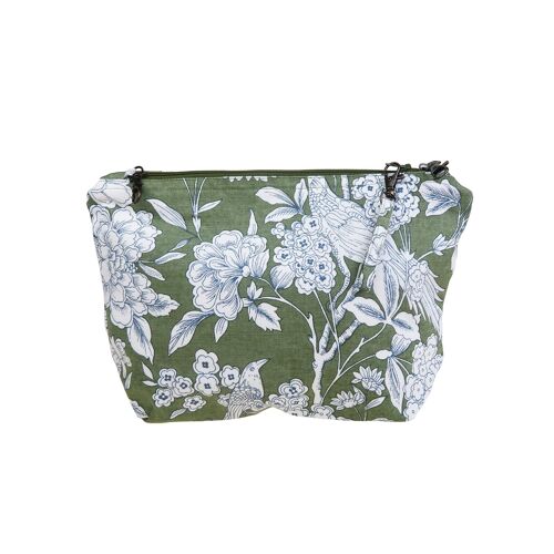 Pochette en toile de coton style toile de Jouy, motif feuillages et oiseaux, bleu ou vert